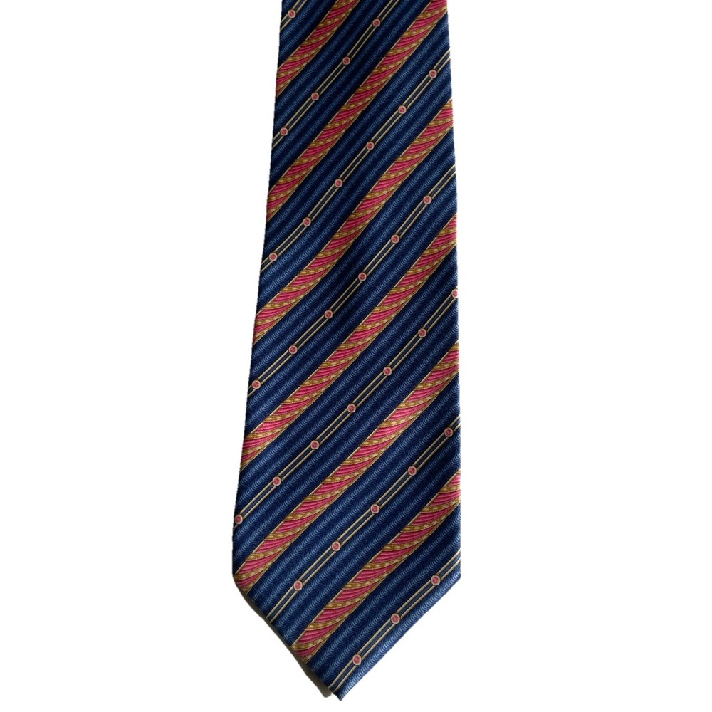 FabergΓ© Men's Silk Tie Blue Pink Stripes Gold Circles Logoβ On Tail 3.75"x57.5"
